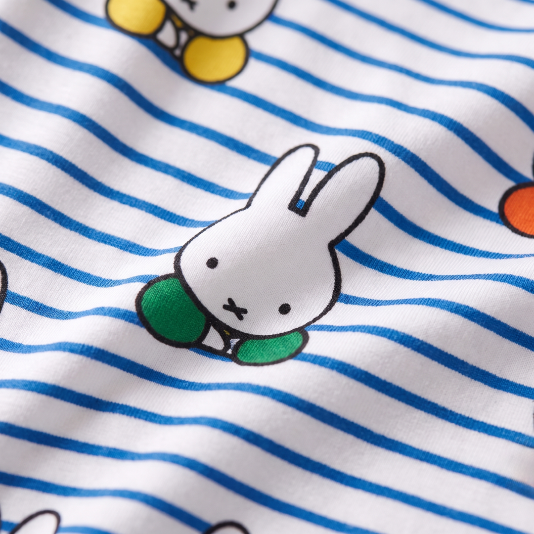 Primo piano sul morbido tessuto di bambù del ZIPSTER x Miffy Peek-a-Boo Blue in bambù Pagliaccetto